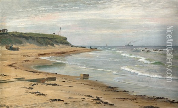 Fischer Mit Ihren Booten Am Strand, Im Hintergrund Ein Dampfschiff Oil Painting - Christian Blache
