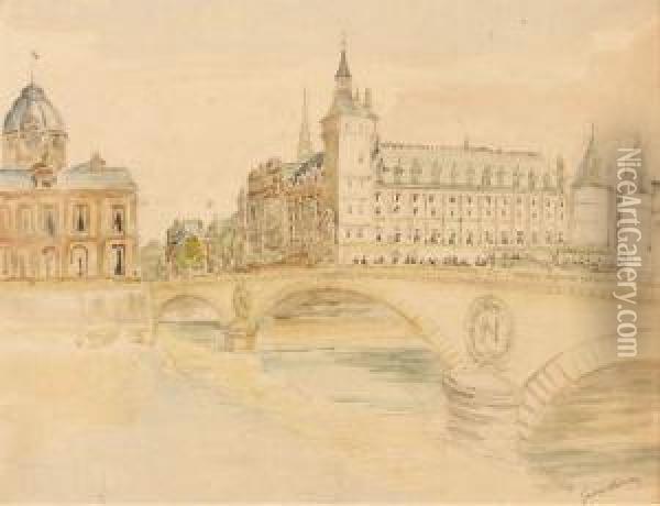 Bateau Sur La Seine, La Conciergerie, Les Arches Sur La Seine Oil Painting - Gaston Prunier