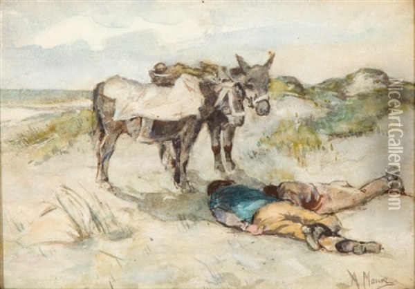 Welcome Shade, Donkeys And Their Keepers In The Dunes Oil Painting - Anton Mauve