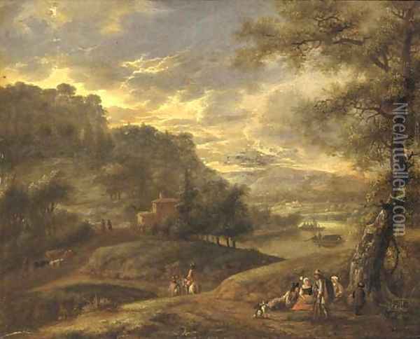 An extensive wooded river landscape with travellers resting on a path Oil Painting - Adriaen Frans Boudewijns