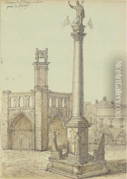 View Of The Column Of San Oronzio In Lecce, Near Brindisi Oil Painting - Guillaume Desire J. Descamps
