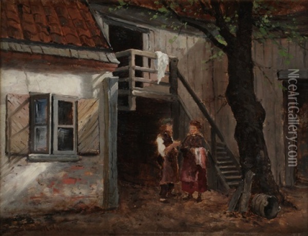 Gardsinterior Med Figurer Oil Painting - Johan Severin Nilsson
