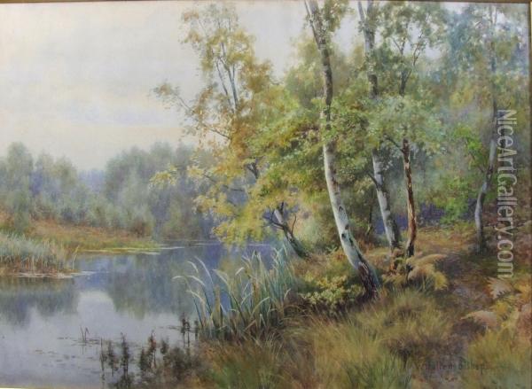 River Landscape With Birch Trees To Foreground Oil Painting - Walter Follen Bishop