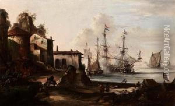 Porto Di Mare Con Villaggiocostiero Oil Painting - Johann Eismann
