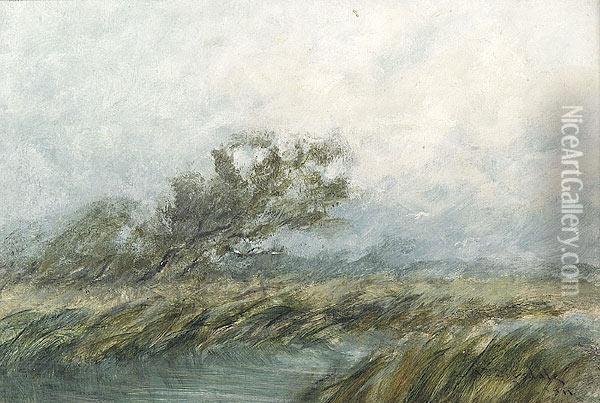Bayou Scene With Wind Blown Marsh Grass And Tree Oil Painting - Alexander John Drysdale