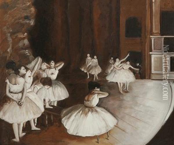 Ballet Rehearsal On The Stage Oil Painting - Edgar Degas
