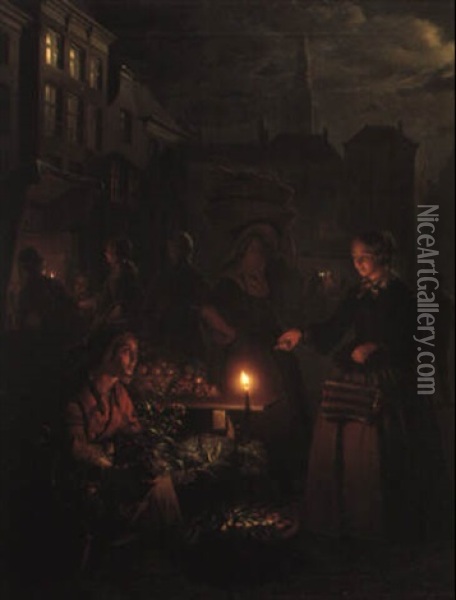 Evening Market Scene Oil Painting - Petrus van Schendel