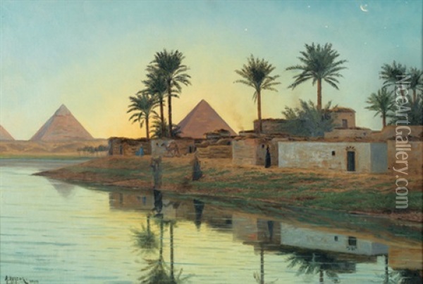 Fruhabendliches Nilufer Mit Den Pyramiden Von Gizeh Oil Painting - Arthur Charles Henri Herzog