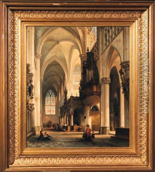 The Interior Of The St.gommarus 
Church, Lier, With Worshippers Atthe Alter, A Lady With Her Children 
Approaching A Beggar Woman Inthe Foreground Oil Painting - Jules Victor Genisson