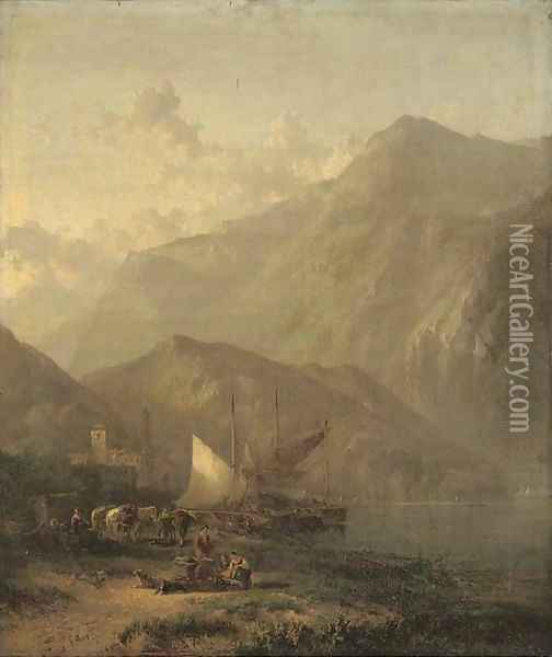 Mountainous lake landscape with figures and boats in the foreground and a villa beyond Oil Painting - James Baker Pyne