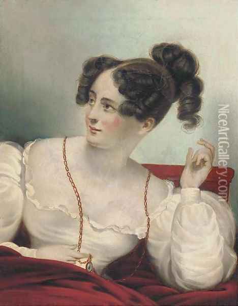 Portrait of a lady, seated half-length, in a white dress, holding a locket Oil Painting - English School
