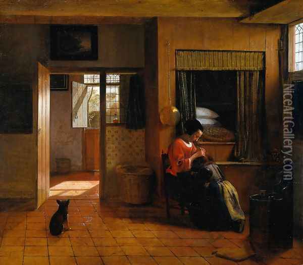 Interior with a Mother delousing her child's hair, known as 'A Mother's duty' Oil Painting - Pieter De Hooch