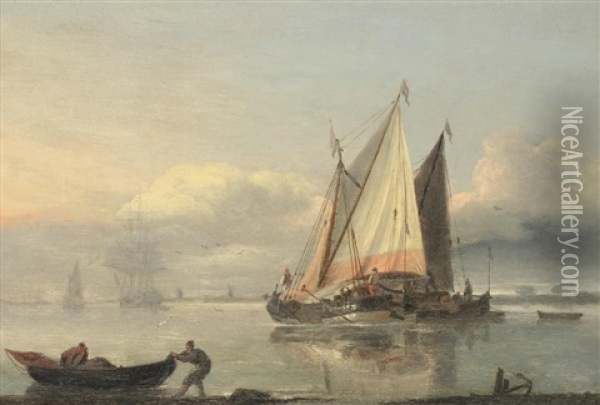 Dutch Barges Lying Offshore Oil Painting - Thomas Luny