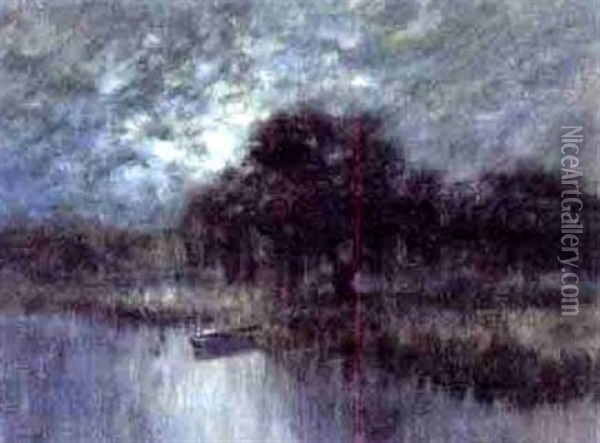 Bayou Scene At Night With Pirogue Oil Painting - Alexander John Drysdale