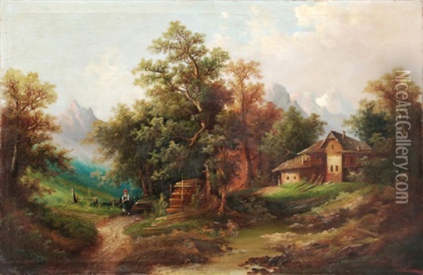 Alpenhof Mit Gebirgsbach Oil Painting - Heinrich Eduard Muller