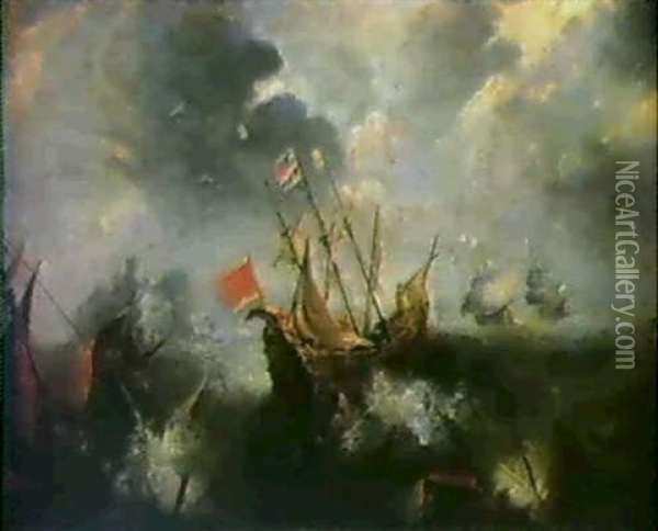 Ships Floundering In Heavy Seas Before A Small Island Oil Painting - Antonio Maria Marini