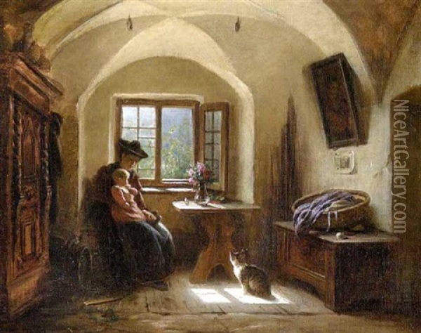 Mutter Mit Kind Am Fenster Oil Painting - Rudolf Epp