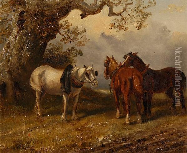 Plough Horses Resting Beneath An Old Oak Oil Painting - Thomas Smythe