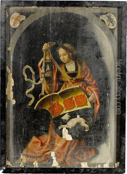 A Female Figure Holding An Heraldic Shield, Within A Painted Niche Oil Painting - Barend Van Orley