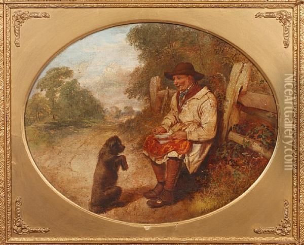 A Countryman's Lunch, With Begging Dog Oil Painting - Alfred H. Green