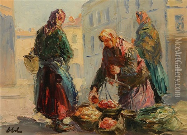 At The Market, Lvov Oil Painting - Erno Erb