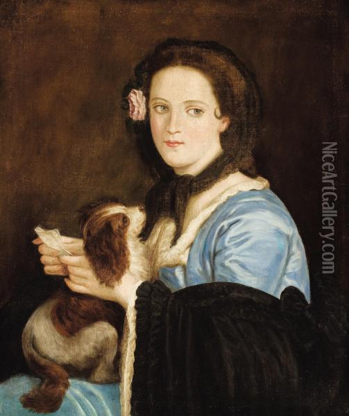 Portrait Of A Woman With A Letter And Dog Oil Painting - Juan Cordero