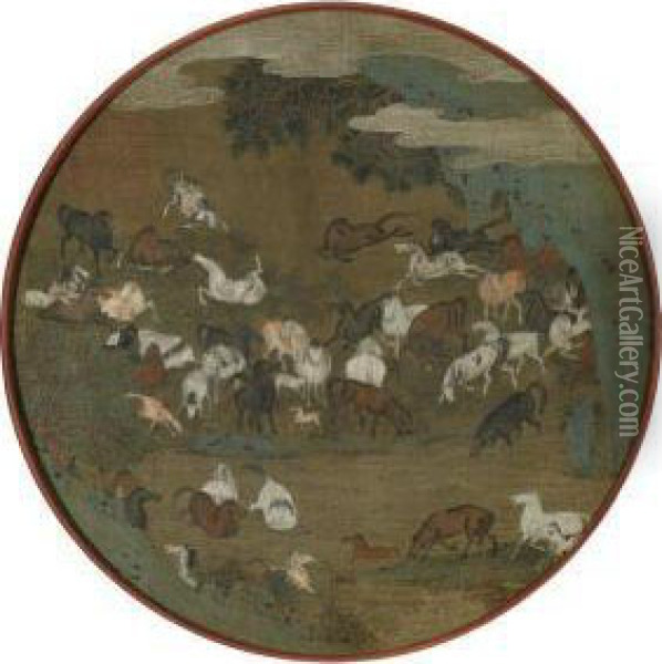 Horses Frolicking By A River Oil Painting - Zhao Guangfu