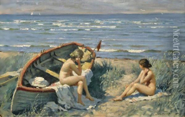 Motiv Fra Bastad (The Beach At Bastad) Oil Painting - Paul-Gustave Fischer