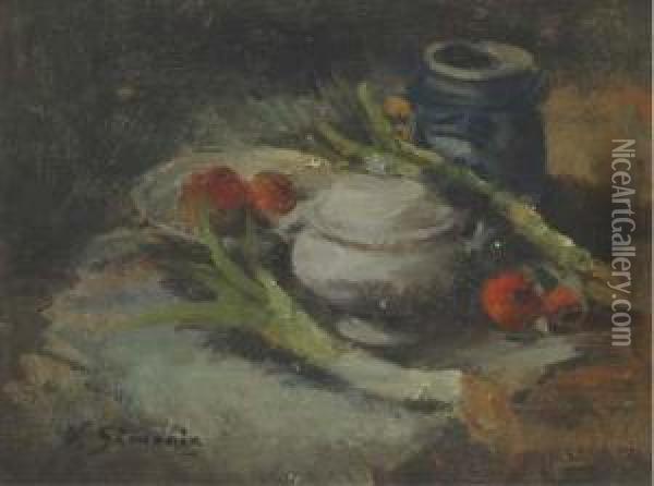 A Still Life With Leeks And Earthenware Pots Oil Painting - Victor Simonin