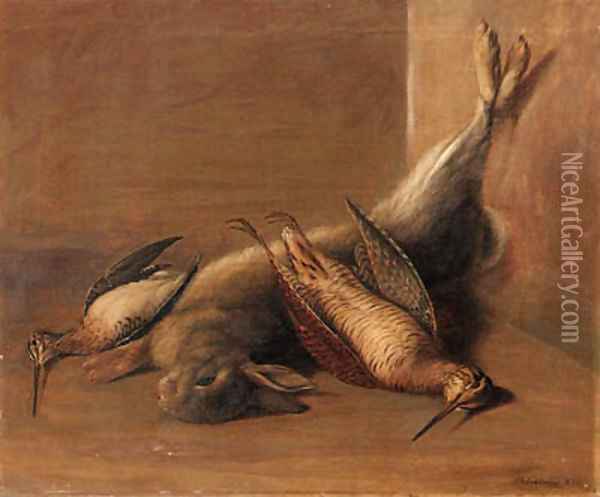 Dead Game A Woodcock, a Snipe and a Rabbit in an interior Oil Painting - Francis Sartorius