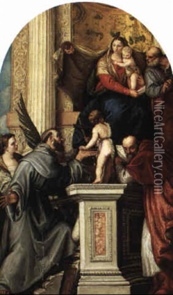 Holy Family With Saints Oil Painting - Carlo Caliari