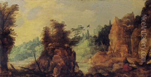 An Extensive River Landscape With Elijah Fed By The Ravens Oil Painting - Joos de Momper the Younger
