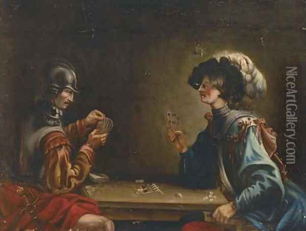 Two guardsmen playing cards in an interior Oil Painting - Jean de Boulogne Valentin
