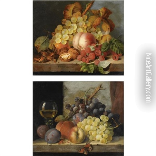 Still Life With Grapes, Peaches, Raspberries, Hazlenuts And Walnuts On A Stone Ledge (+ Still Life With A Wine Galss, Grapes, Peaches, Plums And A Peacock Butterfly On A Stone Ledge; 2 Works) Oil Painting - Edward Ladell