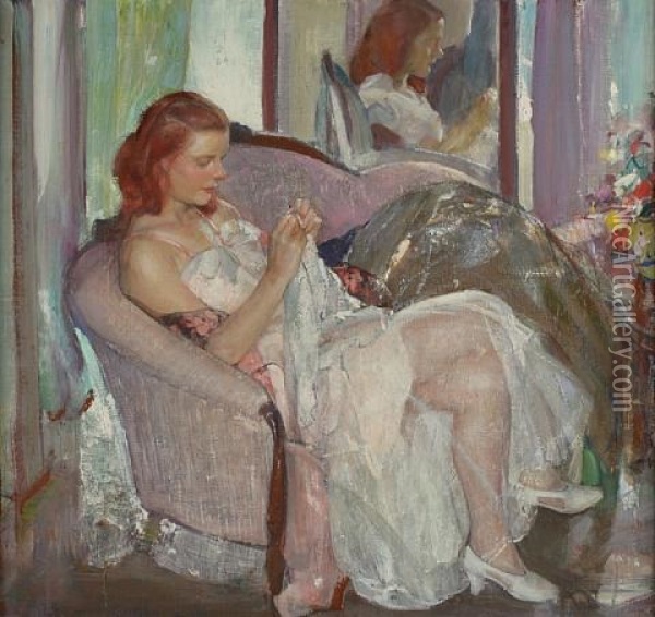 Young Lady Sewing Oil Painting - Richard Edward Miller