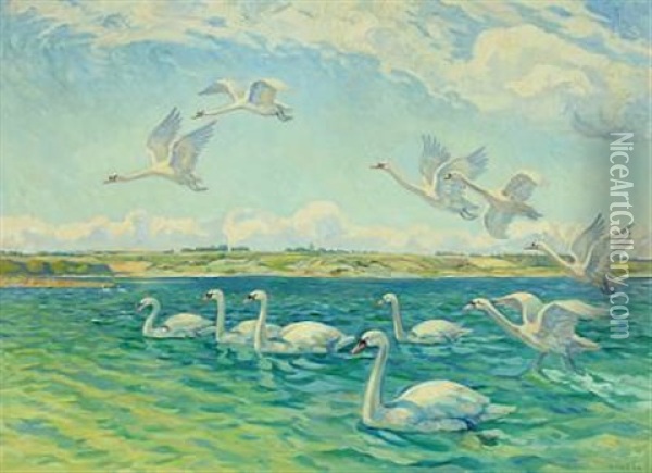 Inlet With Swans Oil Painting - Wilfred Glud