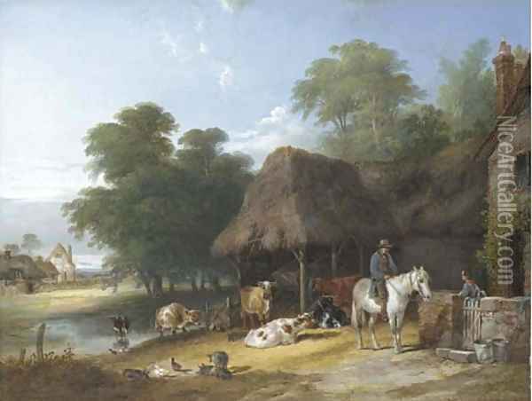Figures and livestock by a riverside farmhouse Oil Painting - Charles & Henry Shayer