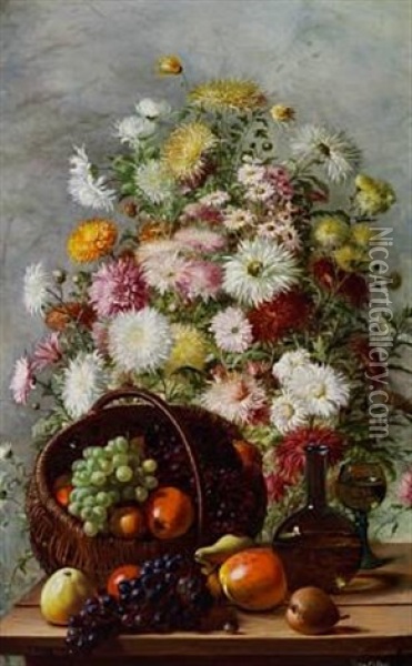 Still Life With Chrysanthemum In A Vase And A Basket With Grapes And Apples Oil Painting - Emma Mulvad