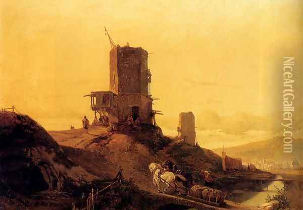 A Hill With An Arab Windmill Under Construction, A Town In The Distance Oil Painting - Francois Antoine Bossuet