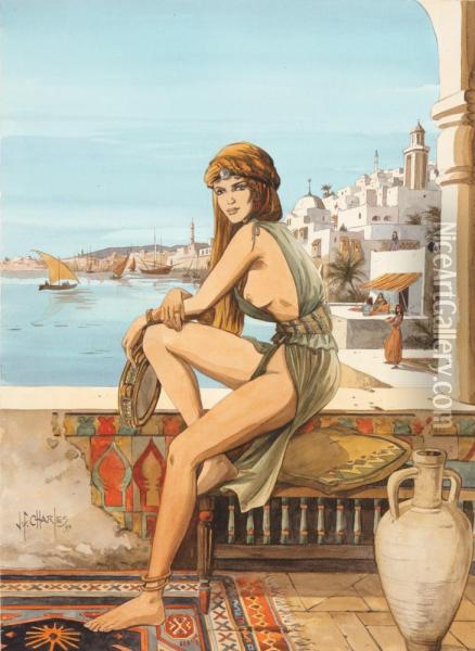 Femme Assise Sur Une Terrasse Oil Painting - A. Charles