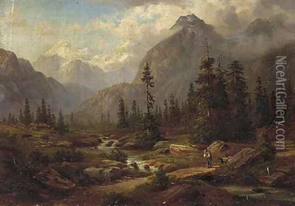 A goatherd crossing a bridge, an Alpine landscape beyond Oil Painting - Georg Engelhardt