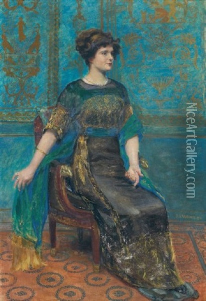 Portrait De Madame Lucien Graux Dans Un Interieur Bleu Oil Painting - Jean Joseph Weerts