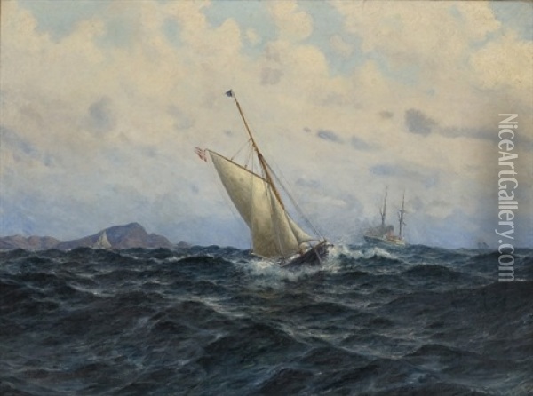 Sailing Boat And Steamer Oil Painting - Hjalmar Johnssen
