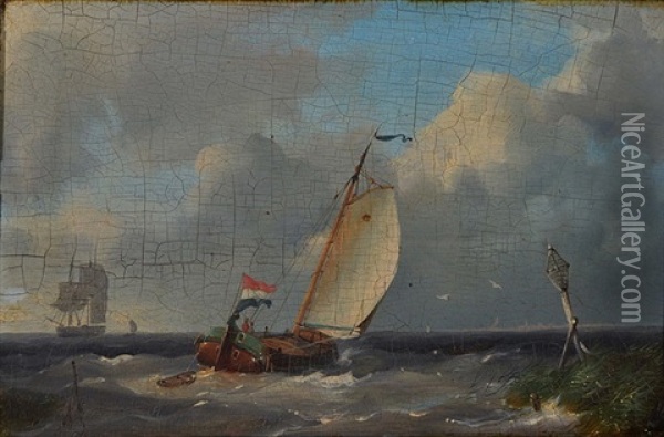 Sailing Vessels In A Calm And A Dutch Fishing Smack At Sea (a Pair) Oil Painting - Warner Gyselman