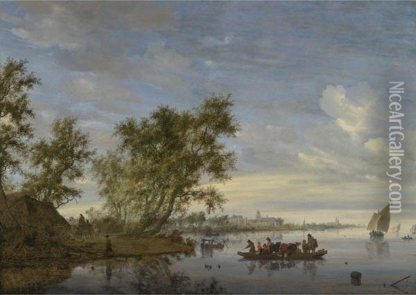 Ferry Boat With Cattle On The River Vecht Near Nijenrode Oil Painting - Salomon van Ruysdael