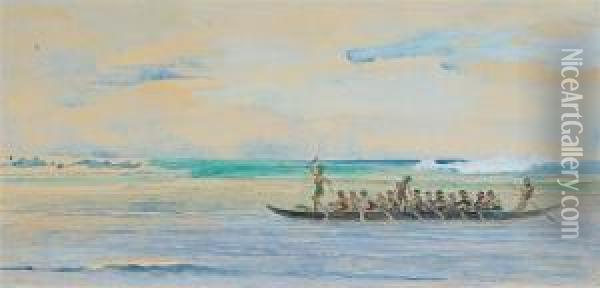 Canoe Going From Up The Coast To Apia To A Big Talolo Oil Painting - John La Farge