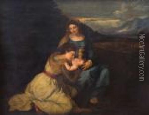 Madonna Jesus E Santa Oil Painting - Tiziano Vecellio (Titian)