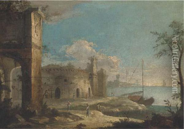 A Capriccio Coastal Landscape With Ruins And Figures Oil Painting - Michele Marieschi