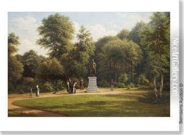 Scene De Parc Avec Statue D'adam Wilhelm Moltke Admiree Par Plusieurs Observateurs. Oil Painting - Frederik J.C. Kiaerskou