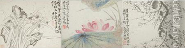 Blossoming Prunus, Narcissus And Rocks; And Lotus Blossom Oil Painting - Ji Fen